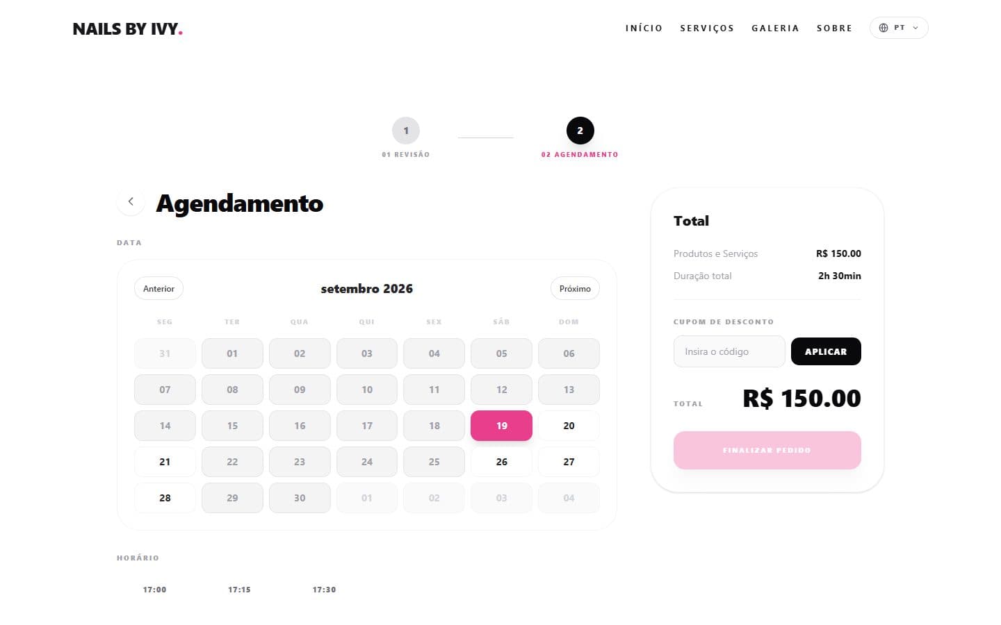 Escolha de data e horário mostrando só o que está livre de verdade.