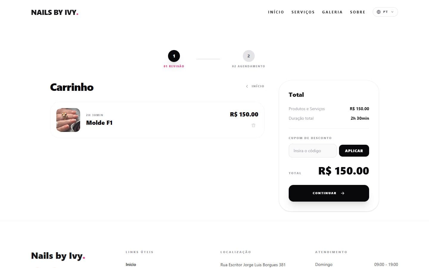 Carrinho com os serviços escolhidos, duração total e cupom de desconto.