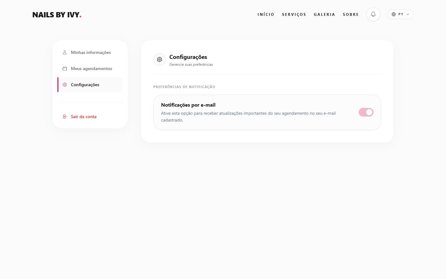 Área da cliente com dados, agendamentos e preferências de notificação.