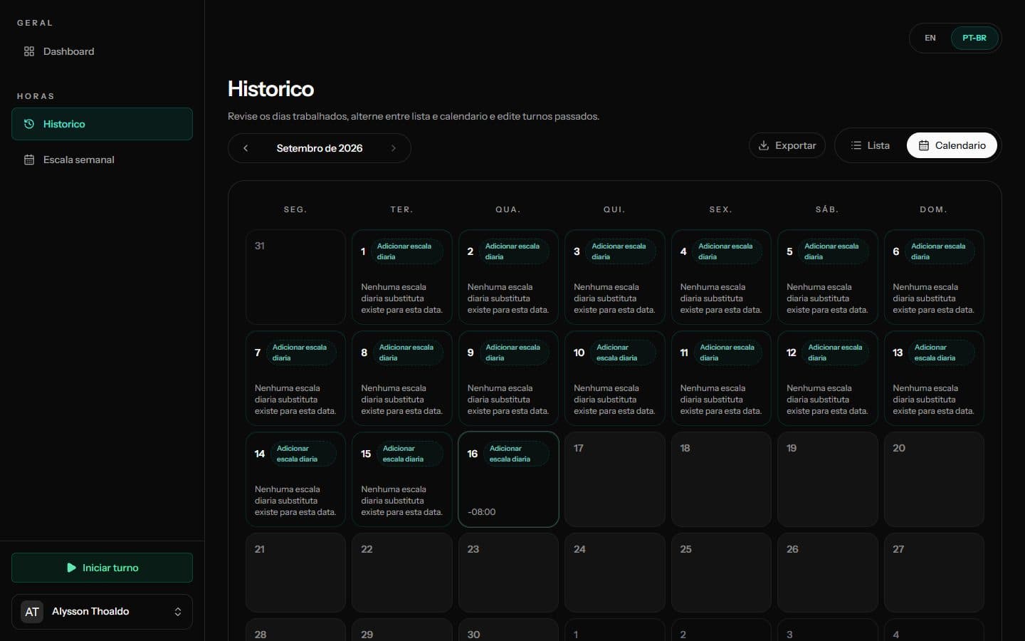 O mesmo histórico em calendário, com escalas substitutas por dia.