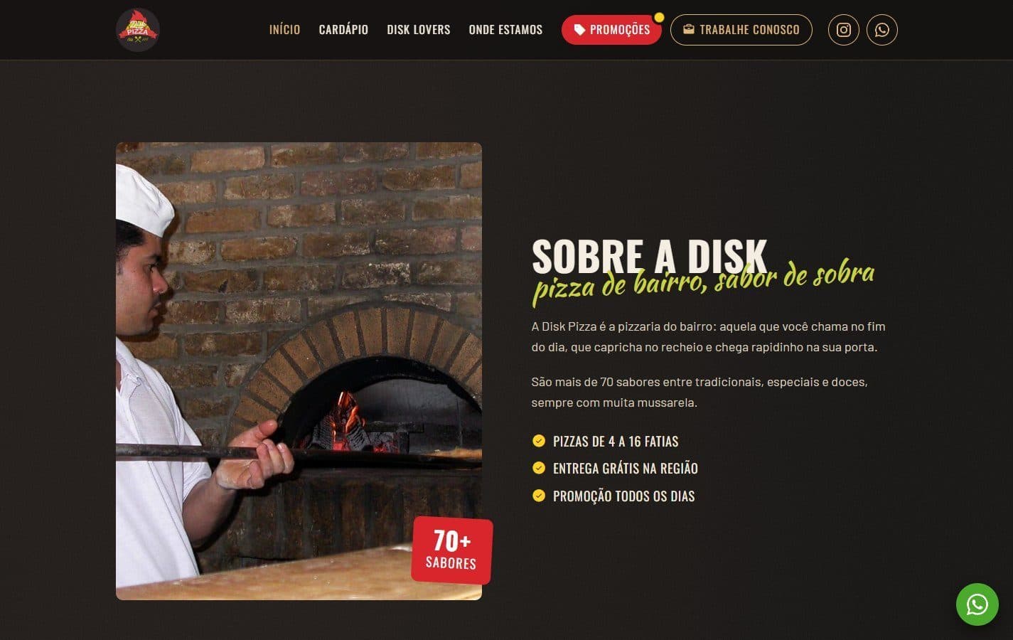 Sobre a pizzaria, com os diferenciais em destaque.