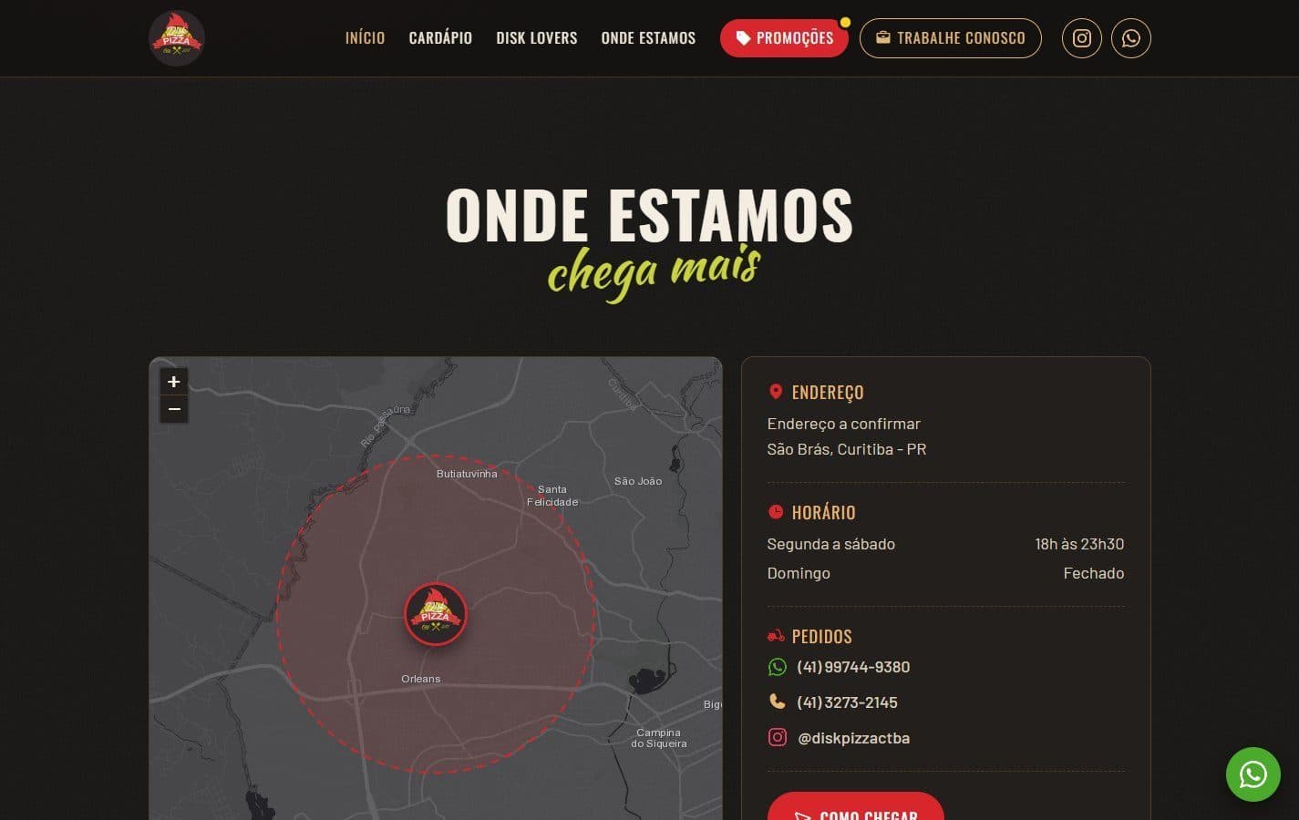 Mapa com a área de entrega grátis desenhada.