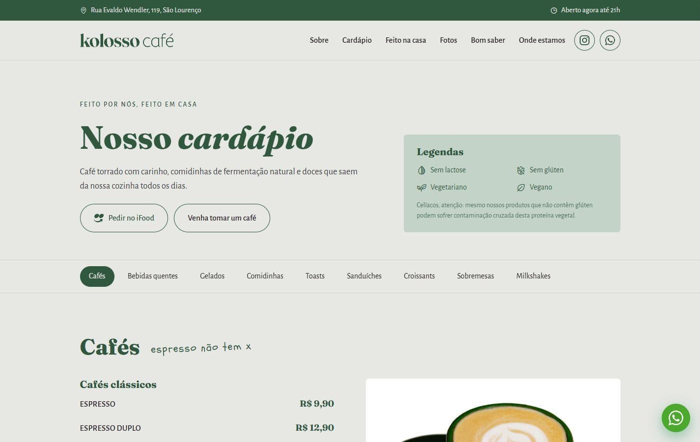 Cardápio completo com legendas de restrição alimentar.